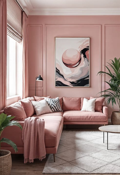 Peinture décorative rose dans un salon raffiné – Artisan Peintre Saint-Herblain Salon peint en rose poudré avec finitions décoratives haut de gamme par votre Artisan Peintre Nantais