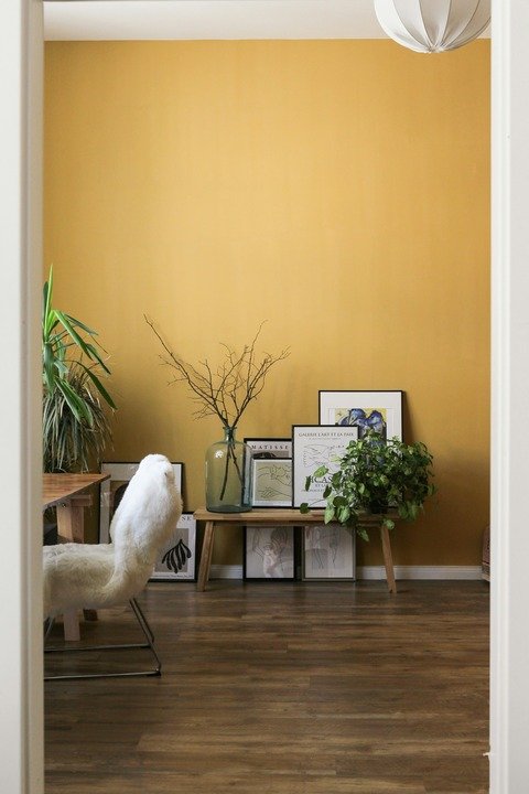 Peinture murale couleur ocre à Nantes : Chaleur et caractère pour votre intérieur Mur accent couleur ocre jaune dans un intérieur lumineux à Nantes